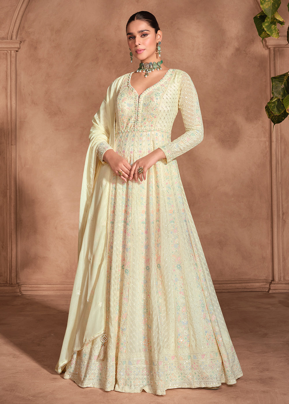 Buy Now Royal Cream Chikankari Embroidery Wedding Anarkali Gown Online in USA, UK, Australia, Italy, Germany, Canada, UAE & Worldwide at Empress Clothing. 