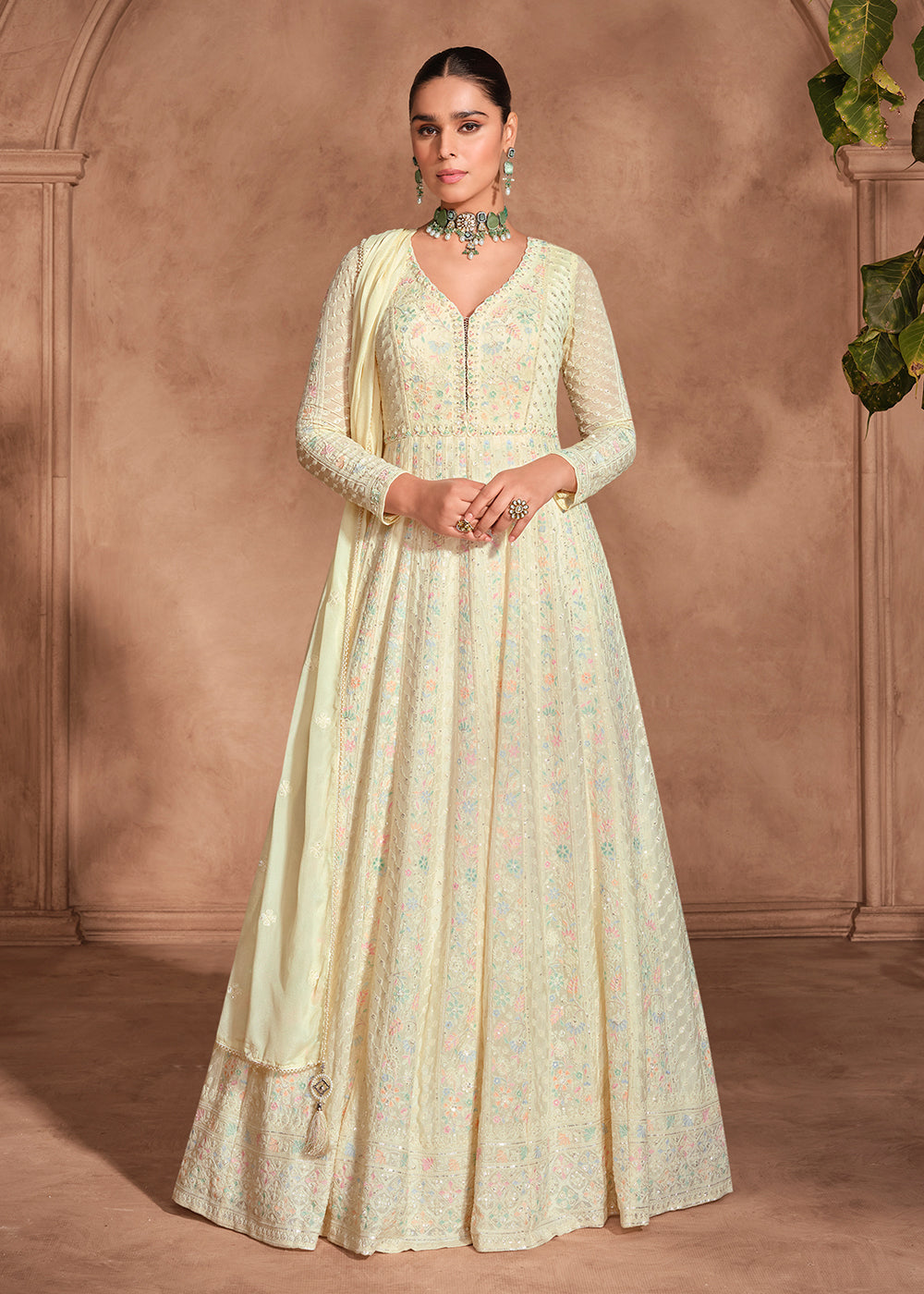 Buy Now Royal Cream Chikankari Embroidery Wedding Anarkali Gown Online in USA, UK, Australia, Italy, Germany, Canada, UAE & Worldwide at Empress Clothing. 