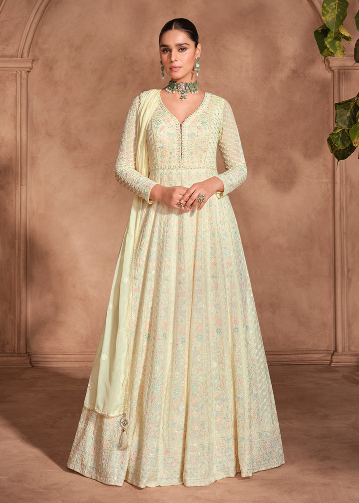 Buy Now Royal Cream Chikankari Embroidery Wedding Anarkali Gown Online in USA, UK, Australia, Italy, Germany, Canada, UAE & Worldwide at Empress Clothing. 