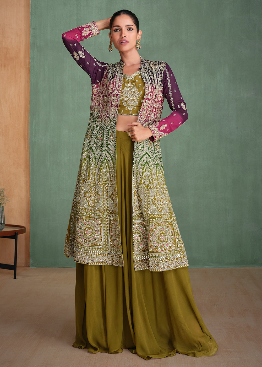 Shop Now Georgette Purple & Olive Ombre Jacket Style Sharara Suit Online at Empress Clothing in USA, UK, Canada, Germany, UAE & Worldwide.