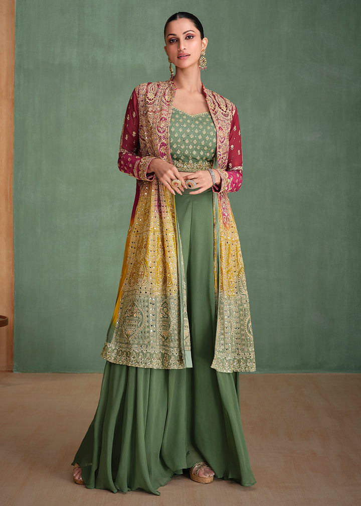 Shop Now Georgette Pink & Green Ombre Jacket Style Sharara Suit Online at Empress Clothing in USA, UK, Canada, Germany, UAE & Worldwide.