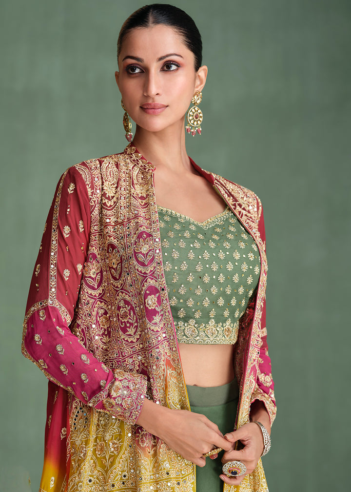 Shop Now Georgette Pink & Green Ombre Jacket Style Sharara Suit Online at Empress Clothing in USA, UK, Canada, Germany, UAE & Worldwide.