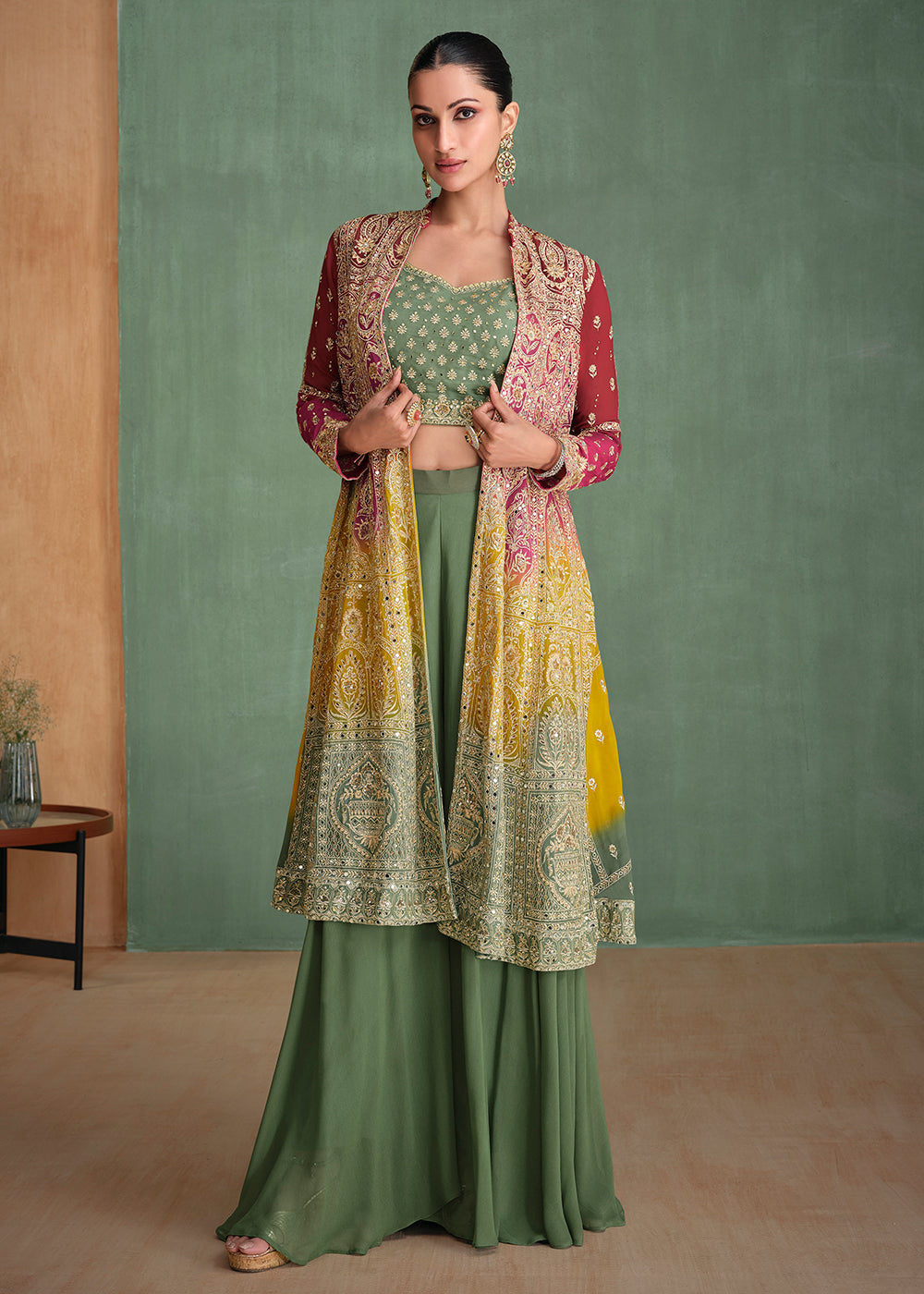 Shop Now Georgette Pink & Green Ombre Jacket Style Sharara Suit Online at Empress Clothing in USA, UK, Canada, Germany, UAE & Worldwide.