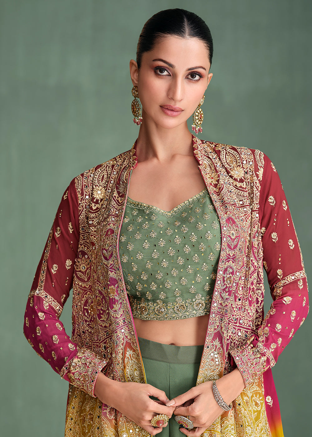 Shop Now Georgette Pink & Green Ombre Jacket Style Sharara Suit Online at Empress Clothing in USA, UK, Canada, Germany, UAE & Worldwide.