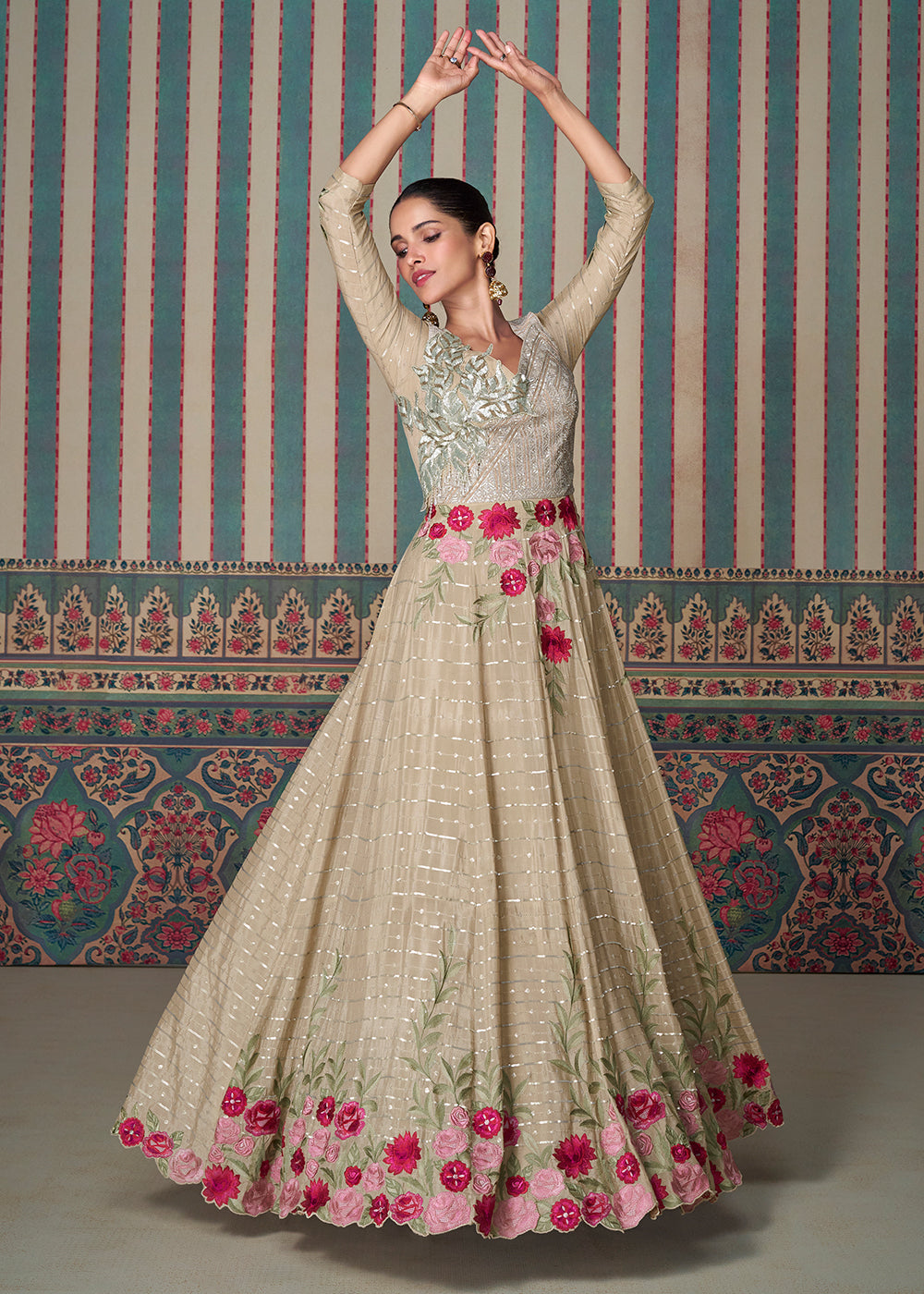 Buy Now Biege Silk Embroidered Wedding Festive Anarkali Gown Online in USA, UK, Germany, Canada, UAE & Worldwide at Empress Clothing