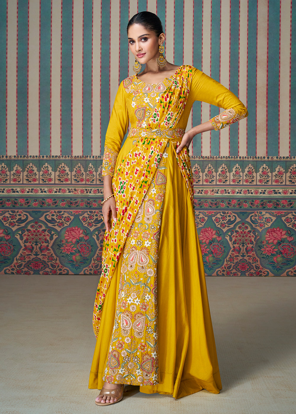 Buy Now Yellow Silk Embroidered Saree Style Party Wear Anarkali Gown Online in USA, UK, Germany, Canada, UAE & Worldwide at Empress Clothing