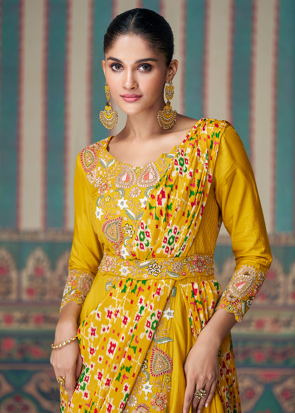 Buy Now Yellow Silk Embroidered Saree Style Party Wear Anarkali Gown Online in USA, UK, Germany, Canada, UAE & Worldwide at Empress Clothing