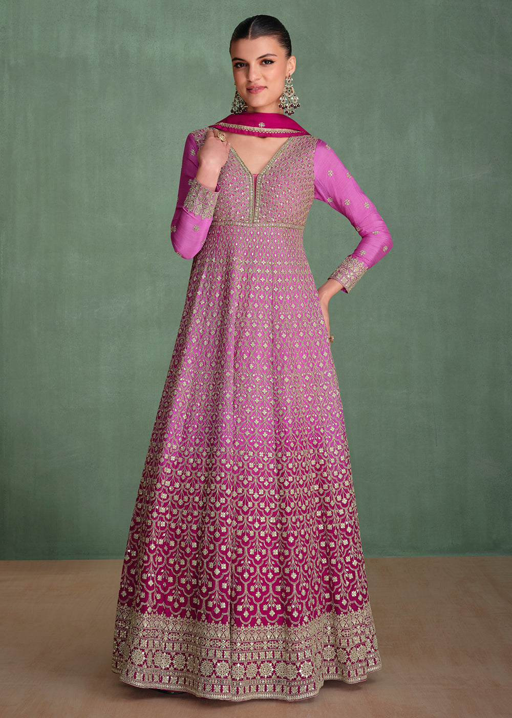 Buy Now Magenta Ombre Embroidered Heavy Wedding Anarkali Gown Online in USA, UK, Germany, Canada, UAE & Worldwide at Empress Clothing. 