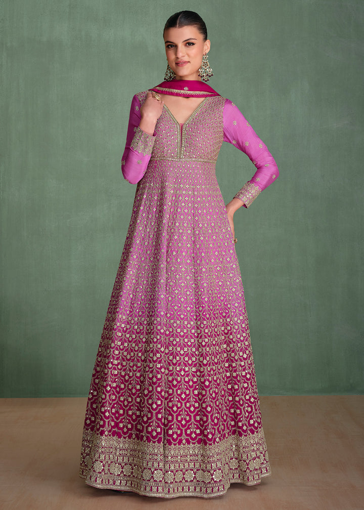 Buy Now Magenta Ombre Embroidered Heavy Wedding Anarkali Gown Online in USA, UK, Germany, Canada, UAE & Worldwide at Empress Clothing. 