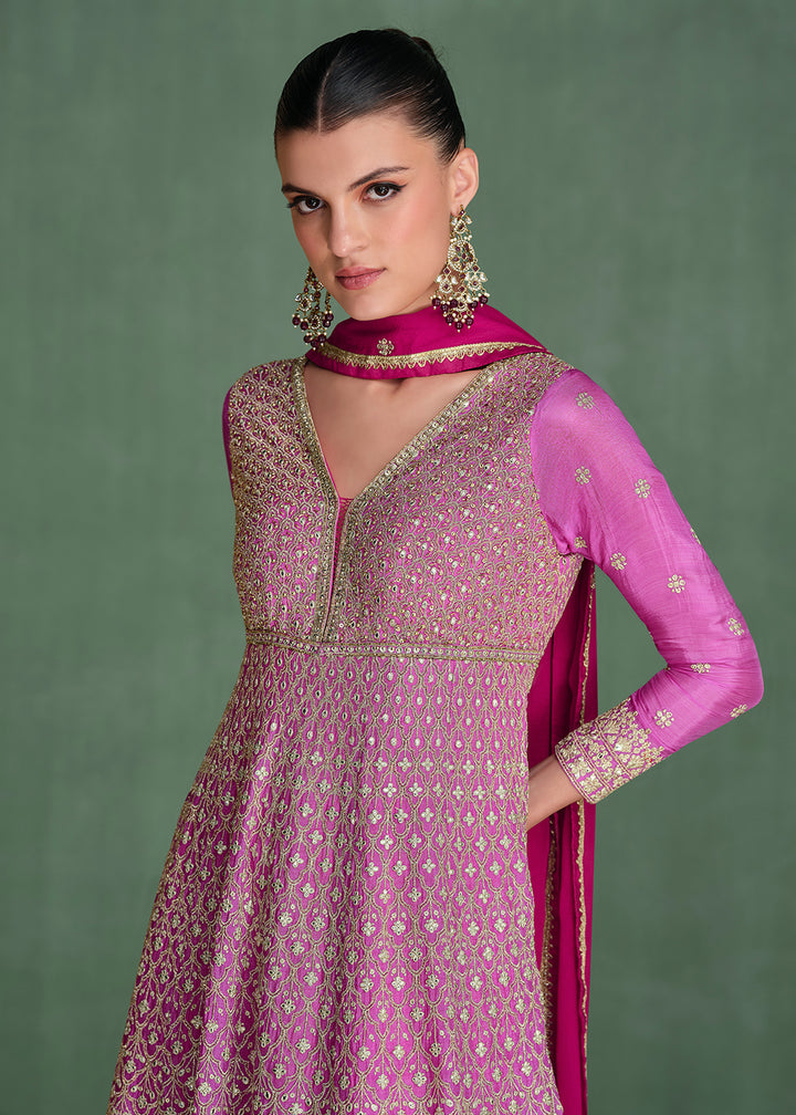 Buy Now Magenta Ombre Embroidered Heavy Wedding Anarkali Gown Online in USA, UK, Germany, Canada, UAE & Worldwide at Empress Clothing. 