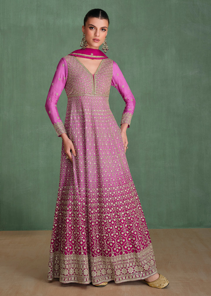 Buy Now Magenta Ombre Embroidered Heavy Wedding Anarkali Gown Online in USA, UK, Germany, Canada, UAE & Worldwide at Empress Clothing. 