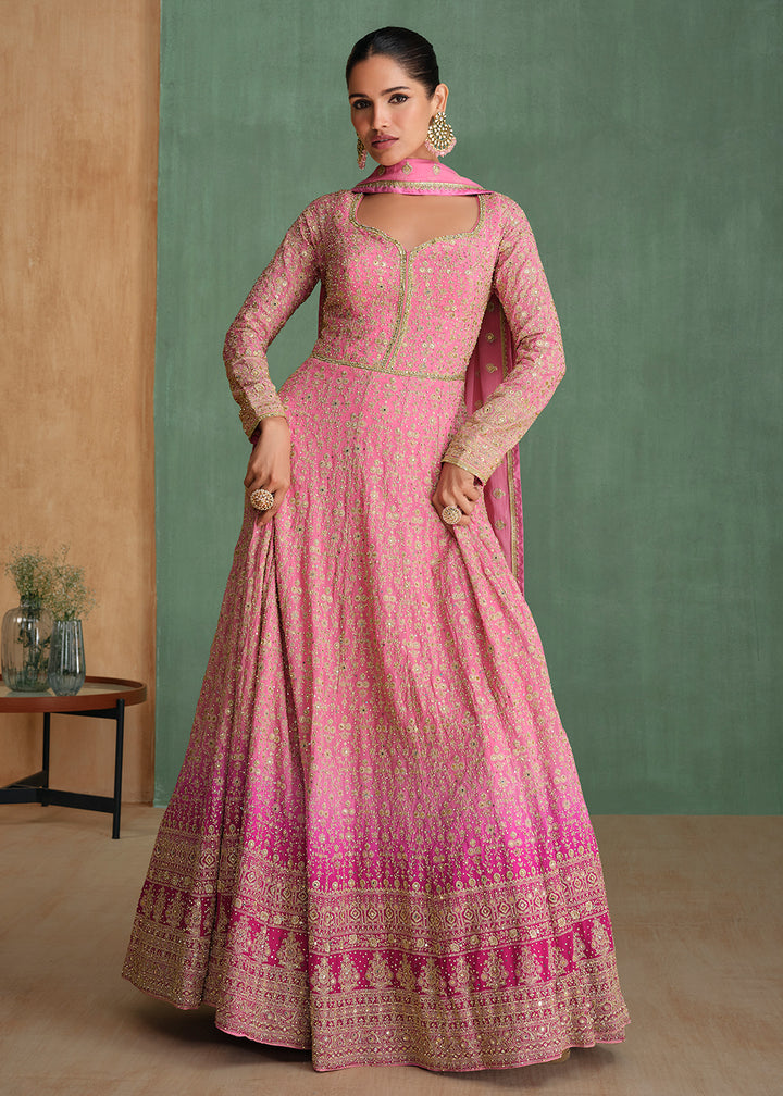 Buy Now Pink Ombre Embroidered Heavy Wedding Anarkali Gown Online in USA, UK, Germany, Canada, UAE & Worldwide at Empress Clothing.