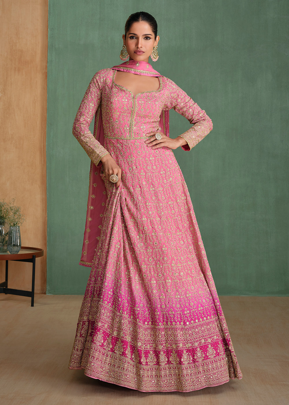 Buy Now Pink Ombre Embroidered Heavy Wedding Anarkali Gown Online in USA, UK, Germany, Canada, UAE & Worldwide at Empress Clothing.