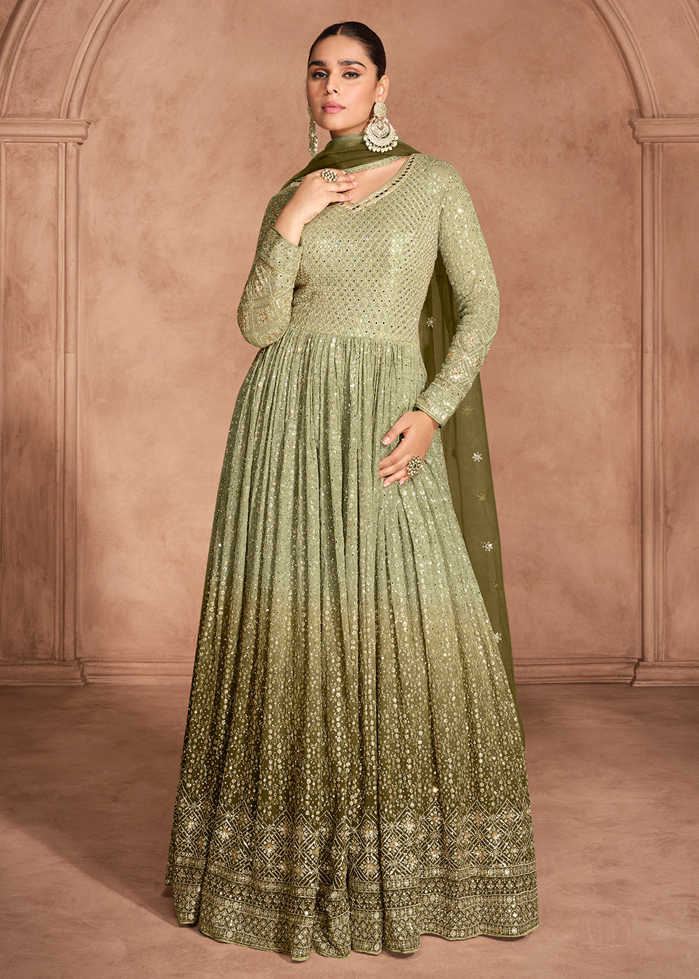 Buy Now Green Heavy Sequins Embroidered Designer Anarkali Gown Online in USA, UK, Italy, Canada & Worldwide at Empress Clothing.