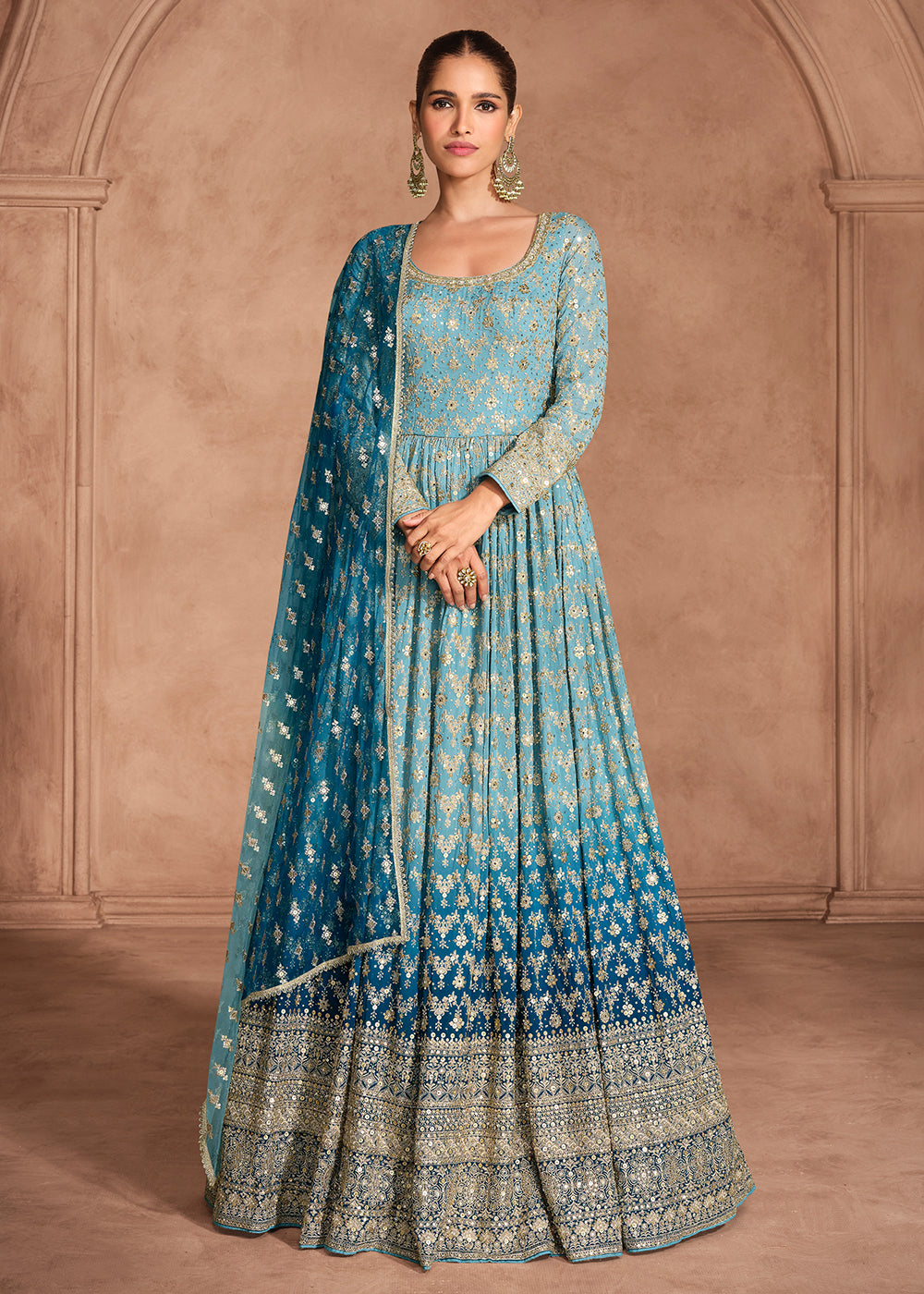 Buy Now Blue Heavy Sequins Embroidered Designer Anarkali Gown Online in USA, UK, Italy, Canada & Worldwide at Empress Clothing. 