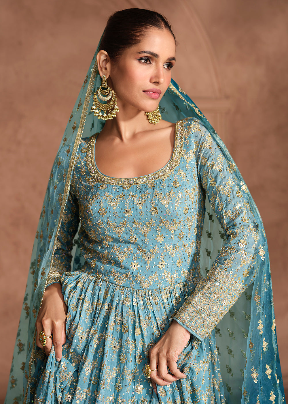 Buy Now Blue Heavy Sequins Embroidered Designer Anarkali Gown Online in USA, UK, Italy, Canada & Worldwide at Empress Clothing. 