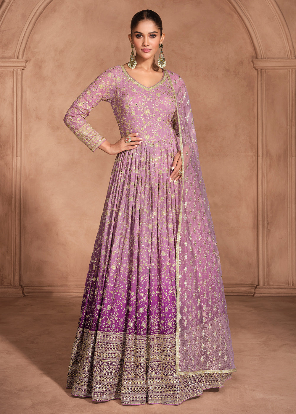 Buy Now Purple Heavy Sequins Embroidered Designer Anarkali Gown Online in USA, UK, Italy, Canada & Worldwide at Empress Clothing. 