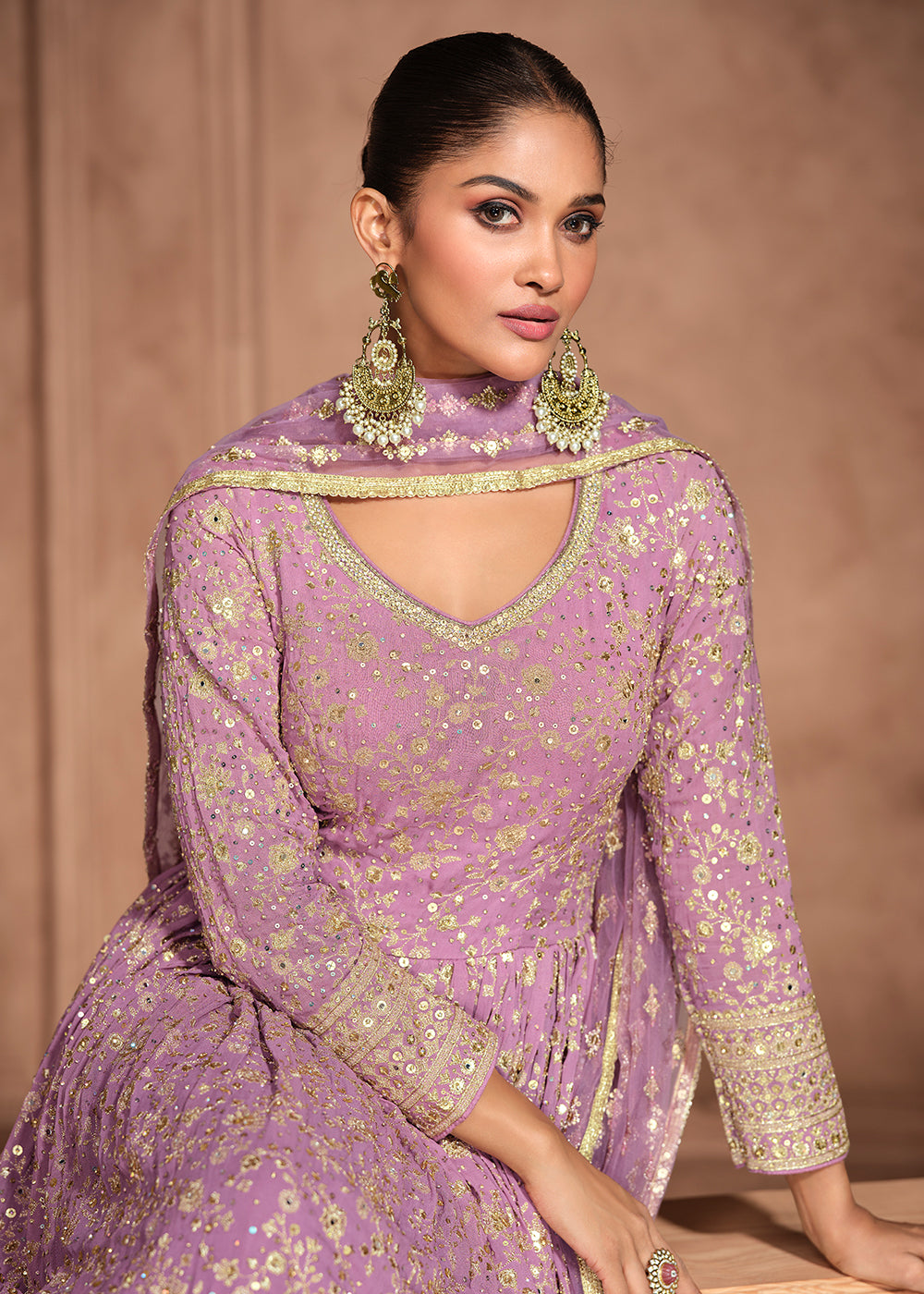 Buy Now Purple Heavy Sequins Embroidered Designer Anarkali Gown Online in USA, UK, Italy, Canada & Worldwide at Empress Clothing. 