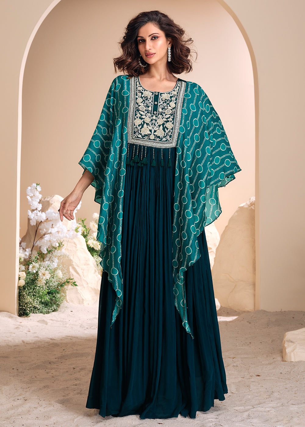 Buy Now Teal Green Chinnon Silk Kaftan Style Anarkali Gown Online in USA, UK, Germany, Canada, UAE & Worldwide at Empress Clothing. 