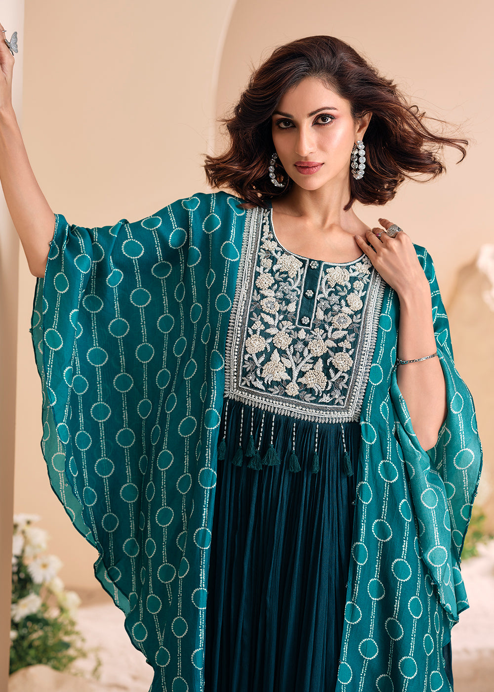 Buy Now Teal Green Chinnon Silk Kaftan Style Anarkali Gown Online in USA, UK, Germany, Canada, UAE & Worldwide at Empress Clothing. 