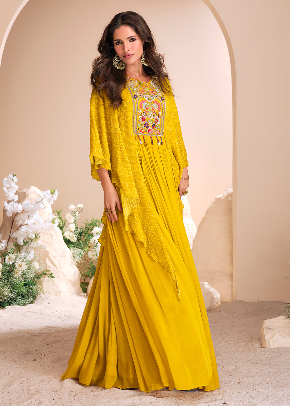 Buy Now Yellow Chinnon Silk Kaftan Style Anarkali Gown Online in USA, UK, Germany, Canada, UAE & Worldwide at Empress Clothing. 