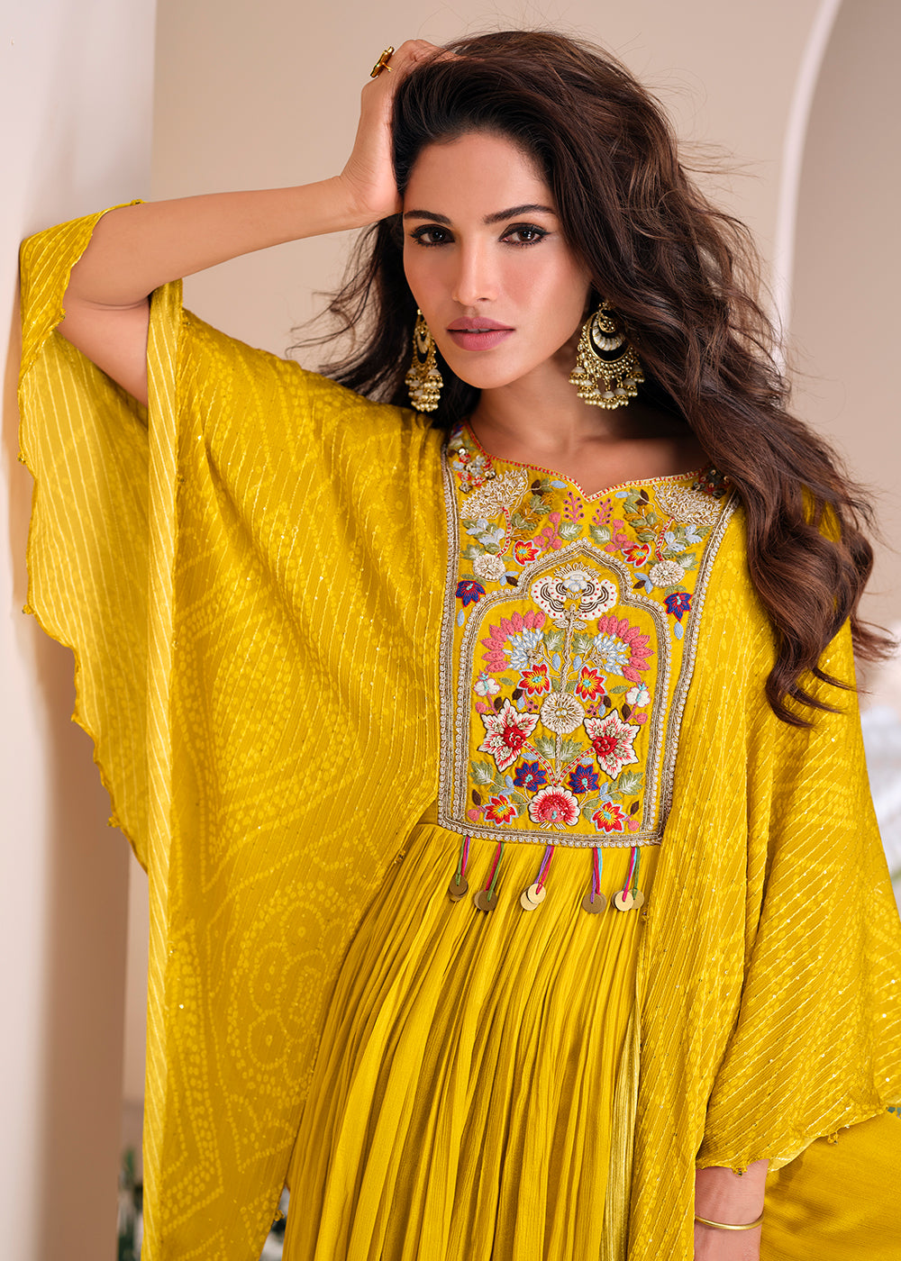 Buy Now Yellow Chinnon Silk Kaftan Style Anarkali Gown Online in USA, UK, Germany, Canada, UAE & Worldwide at Empress Clothing. 