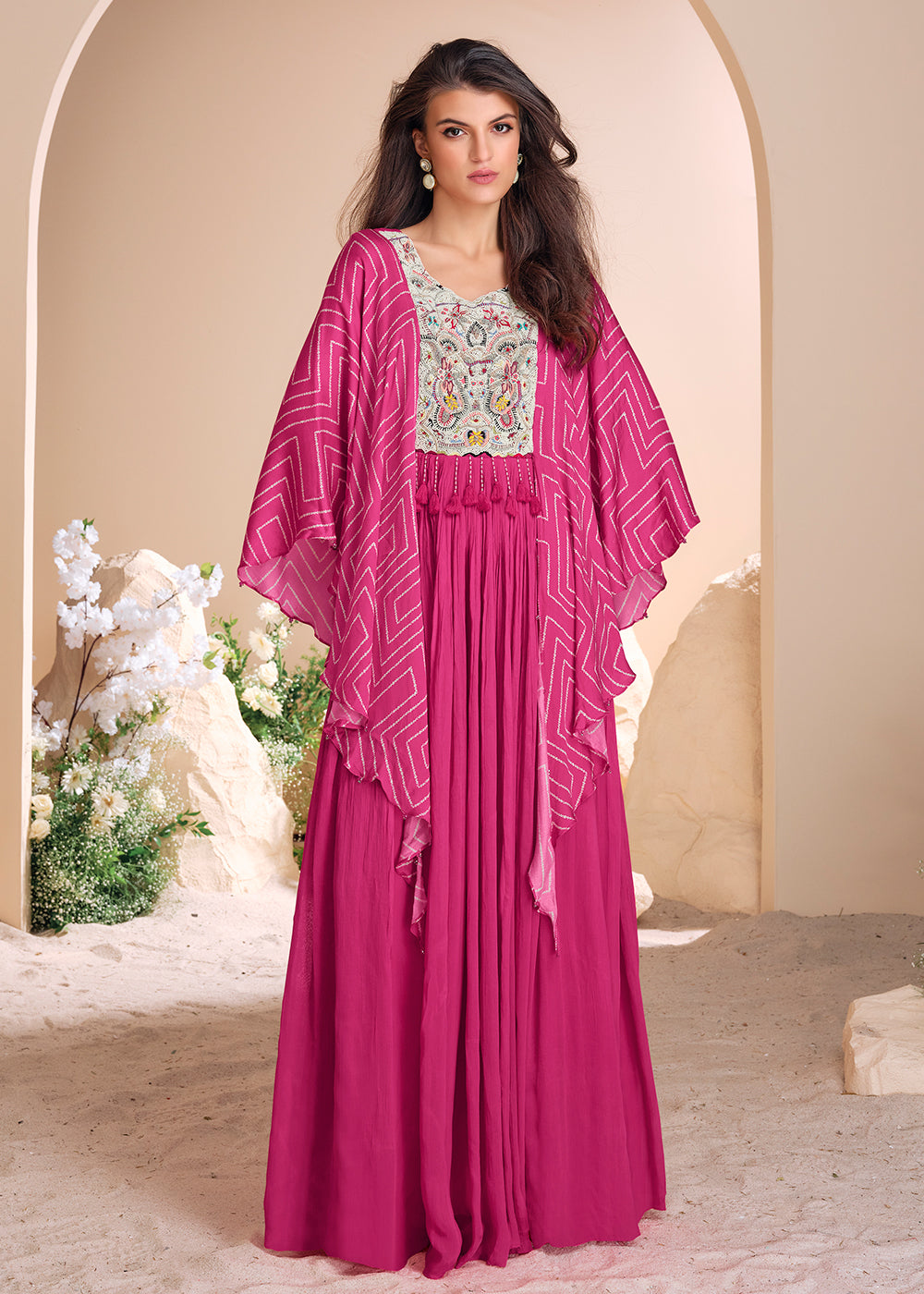 Buy Now Pink Chinnon Silk Kaftan Style Anarkali Gown Online in USA, UK, Germany, Canada, UAE & Worldwide at Empress Clothing. 