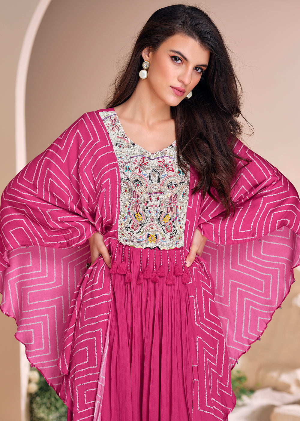 Buy Now Pink Chinnon Silk Kaftan Style Anarkali Gown Online in USA, UK, Germany, Canada, UAE & Worldwide at Empress Clothing. 