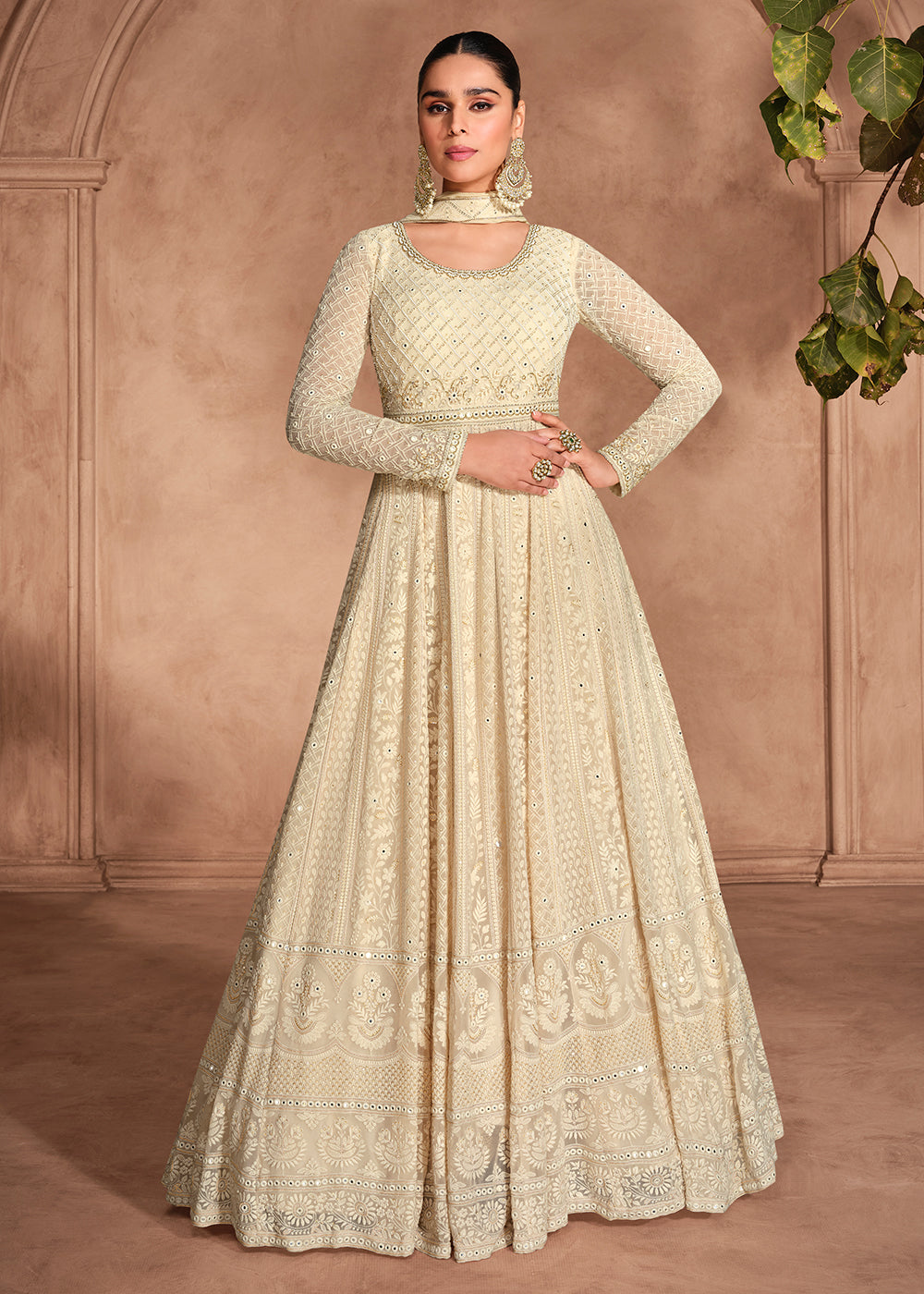 Buy Now Chikankari Embroidery Cream Wedding Wear Anarkali Gown Online in USA, UK, Australia, Italy, Germany, Canada, UAE & Worldwide at Empress Clothing.