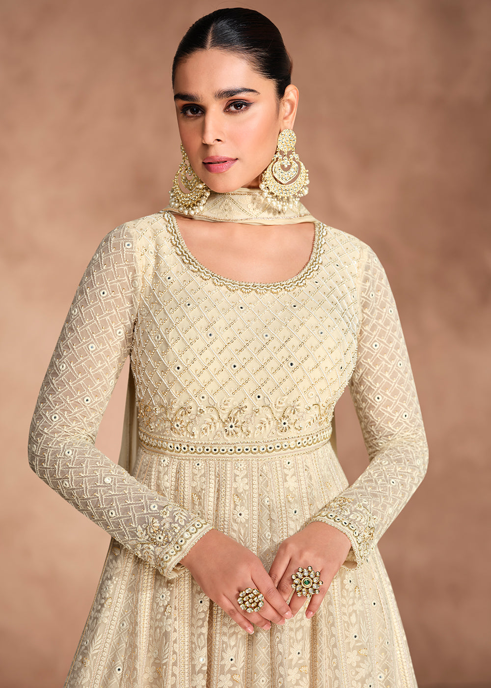 Buy Now Chikankari Embroidery Cream Wedding Wear Anarkali Gown Online in USA, UK, Australia, Italy, Germany, Canada, UAE & Worldwide at Empress Clothing.