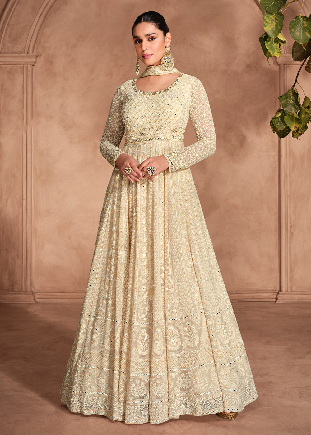 Buy Now Chikankari Embroidery Cream Wedding Wear Anarkali Gown Online in USA, UK, Australia, Italy, Germany, Canada, UAE & Worldwide at Empress Clothing.