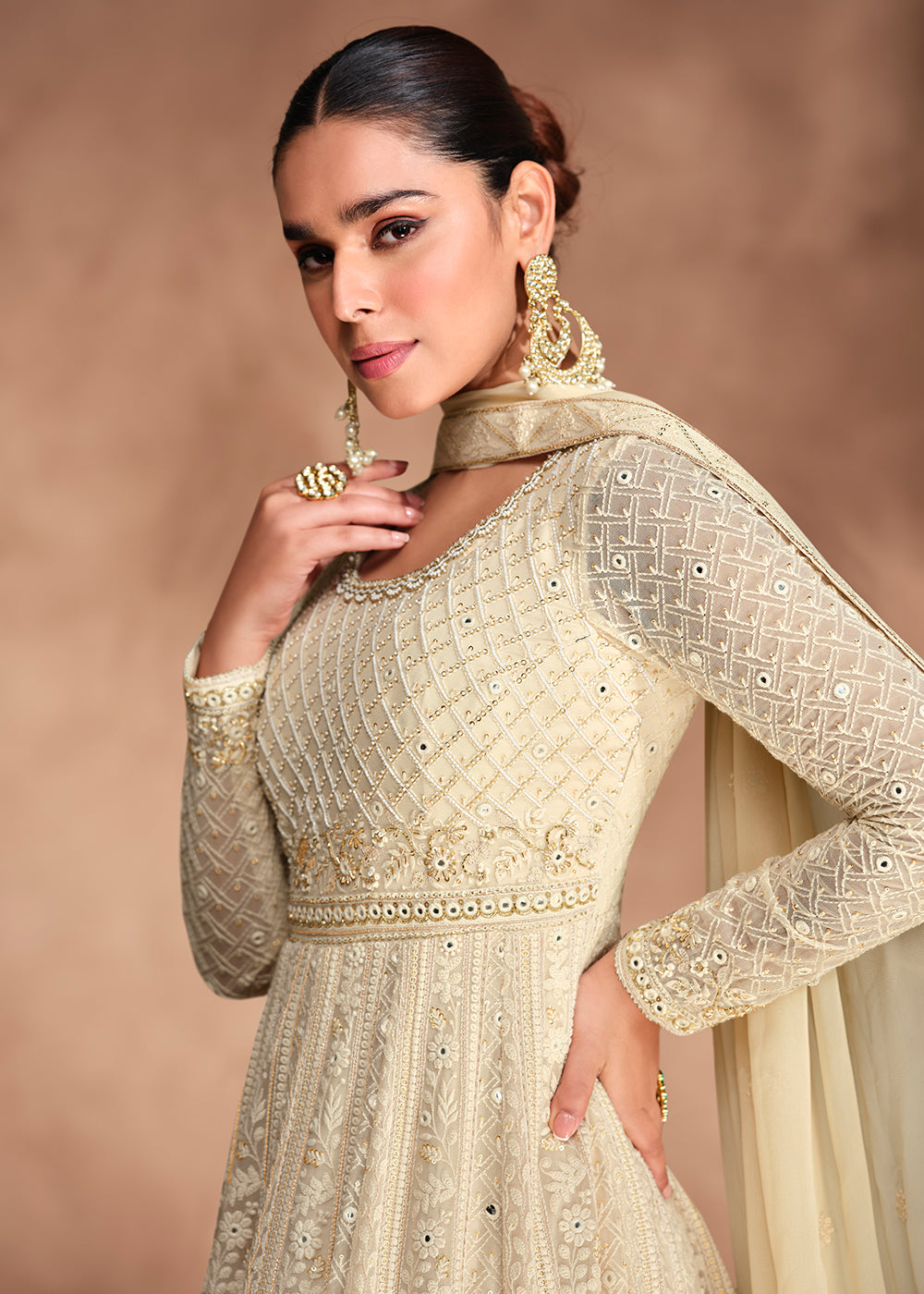 Buy Now Chikankari Embroidery Cream Wedding Wear Anarkali Gown Online in USA, UK, Australia, Italy, Germany, Canada, UAE & Worldwide at Empress Clothing.