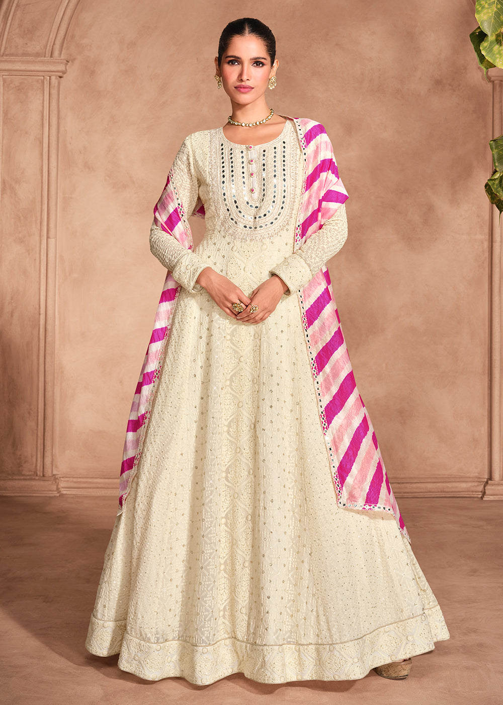 Buy Now Chikankari Embroidery Off White Wedding Wear Anarkali Gown Online in USA, UK, Australia, Italy, Germany, Canada, UAE & Worldwide at Empress Clothing. 