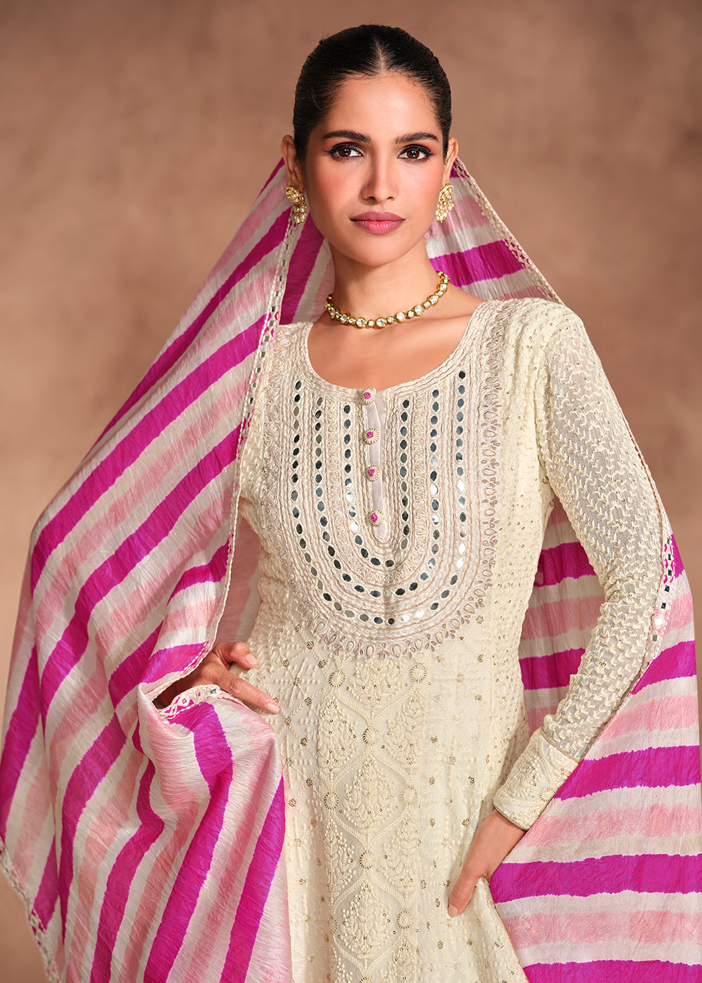 Buy Now Chikankari Embroidery Off White Wedding Wear Anarkali Gown Online in USA, UK, Australia, Italy, Germany, Canada, UAE & Worldwide at Empress Clothing. 