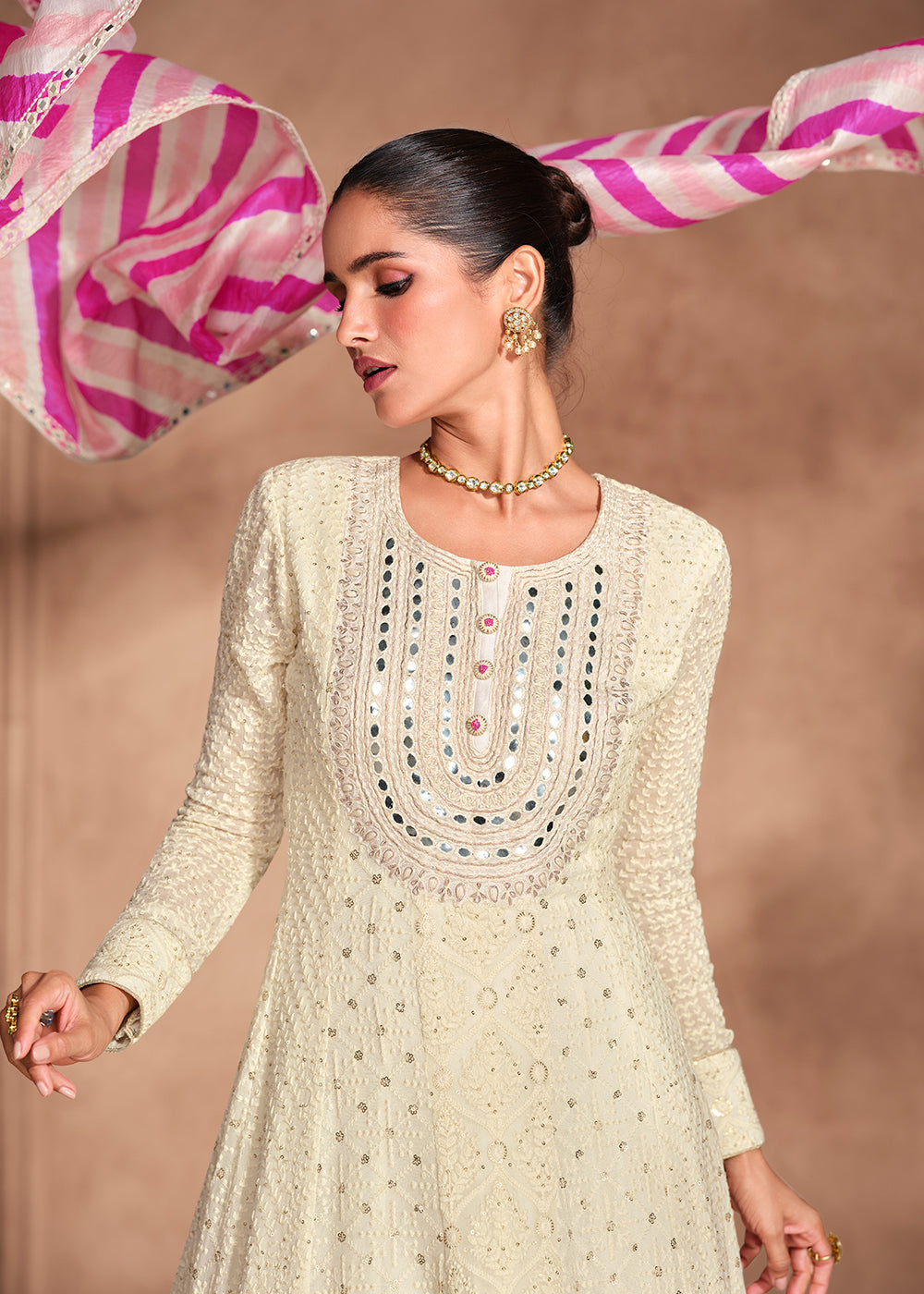 Buy Now Chikankari Embroidery Off White Wedding Wear Anarkali Gown Online in USA, UK, Australia, Italy, Germany, Canada, UAE & Worldwide at Empress Clothing. 