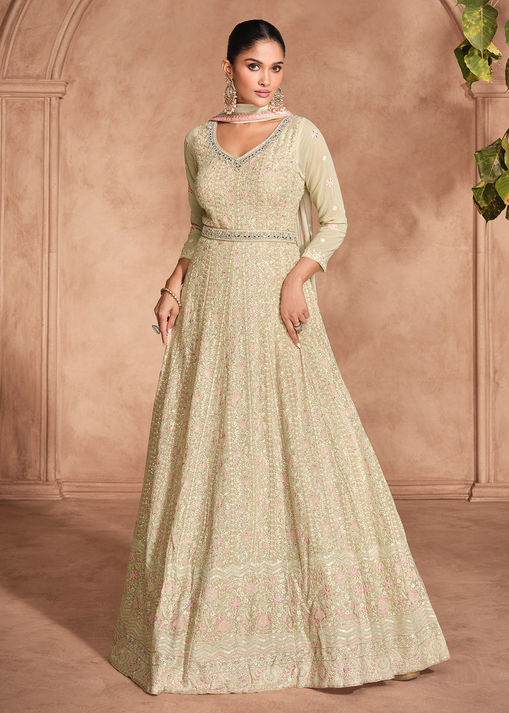 Buy Now Chikankari Embroidery Beige Wedding Wear Anarkali Gown Online in USA, UK, Australia, Italy, Germany, Canada, UAE & Worldwide at Empress Clothing.