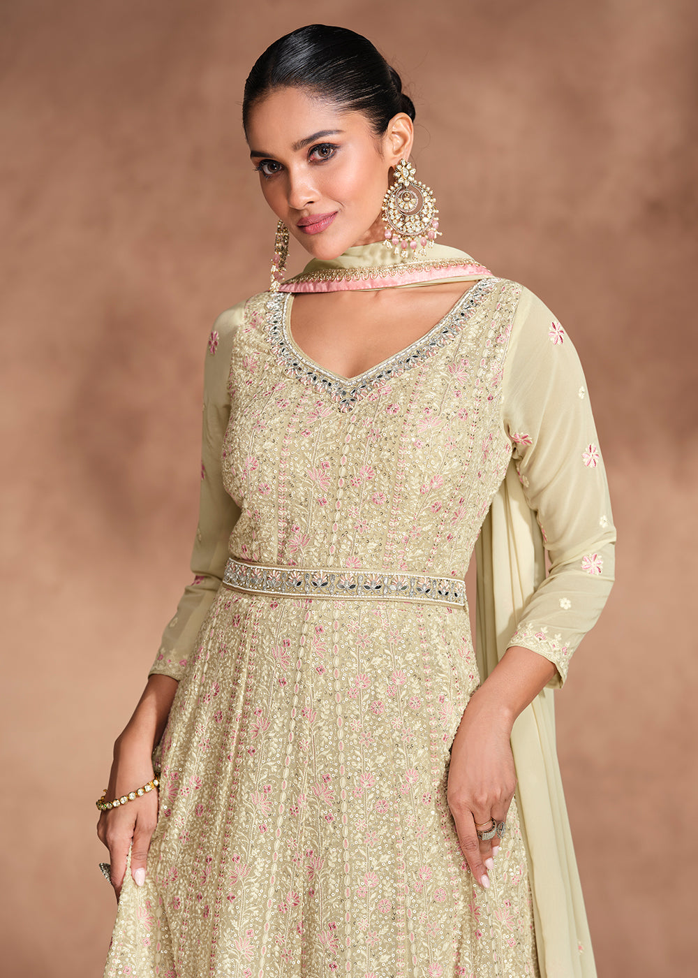 Buy Now Chikankari Embroidery Beige Wedding Wear Anarkali Gown Online in USA, UK, Australia, Italy, Germany, Canada, UAE & Worldwide at Empress Clothing.