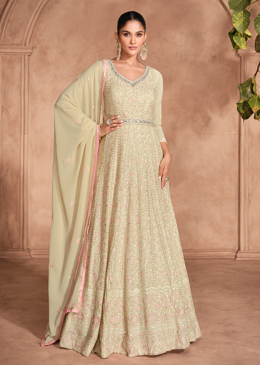 Buy Now Chikankari Embroidery Beige Wedding Wear Anarkali Gown Online in USA, UK, Australia, Italy, Germany, Canada, UAE & Worldwide at Empress Clothing.