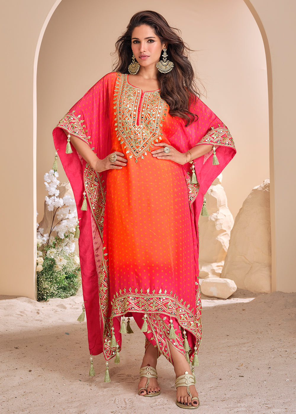 Buy Now Red & Orange Dhoti Style Hand Embellished Kaftan Style Dress Online in USA, UK, Canada, Germany, Australia & Worldwide at Empress Clothing. 