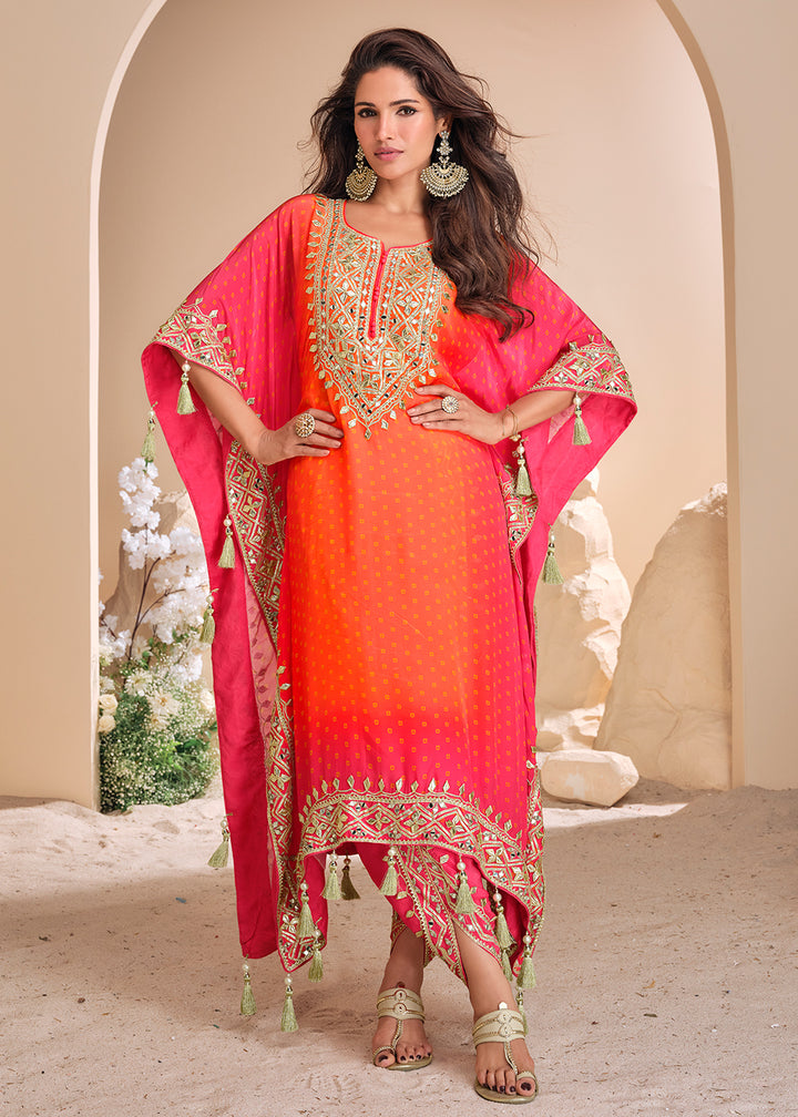 Buy Now Red & Orange Dhoti Style Hand Embellished Kaftan Style Dress Online in USA, UK, Canada, Germany, Australia & Worldwide at Empress Clothing. 