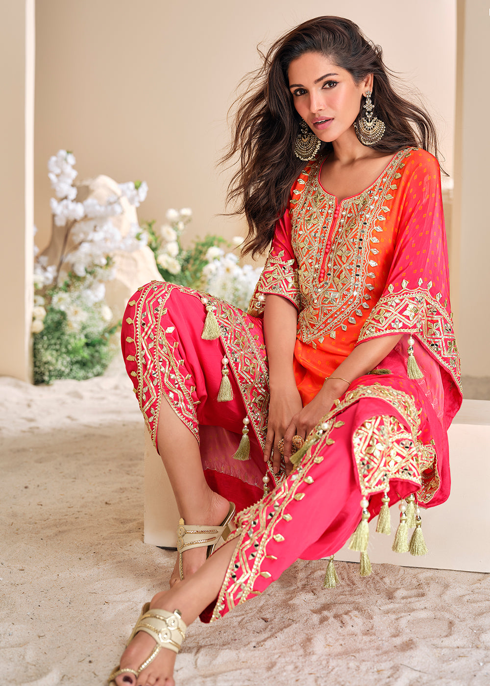 Red & Orange Dhoti Style Hand Embellished Kaftan Style Dress Red & Orange Dhoti Style Hand Embellished Kaftan Style Dress
