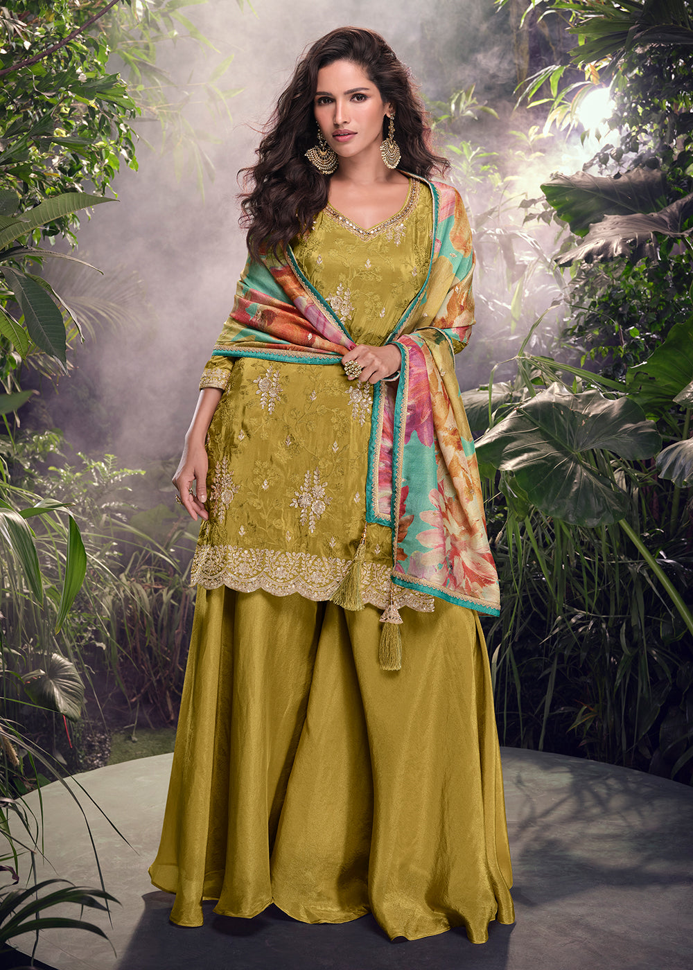 Buy Now Moss Green Silk Embroidered Mehndi Wear Palazzo Suit Online in USA, UK, Canada, Germany & Worldwide at Empress Clothing. 