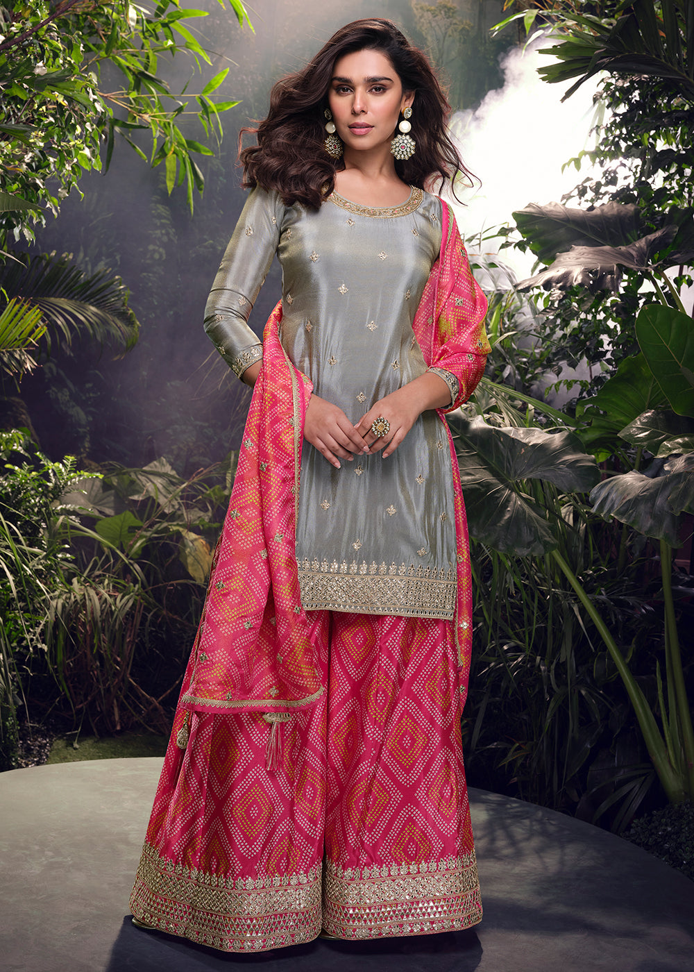 Buy Now Grey & Pink Silk Embroidered Mehndi Wear Palazzo Suit Online in USA, UK, Canada, Germany & Worldwide at Empress Clothing.