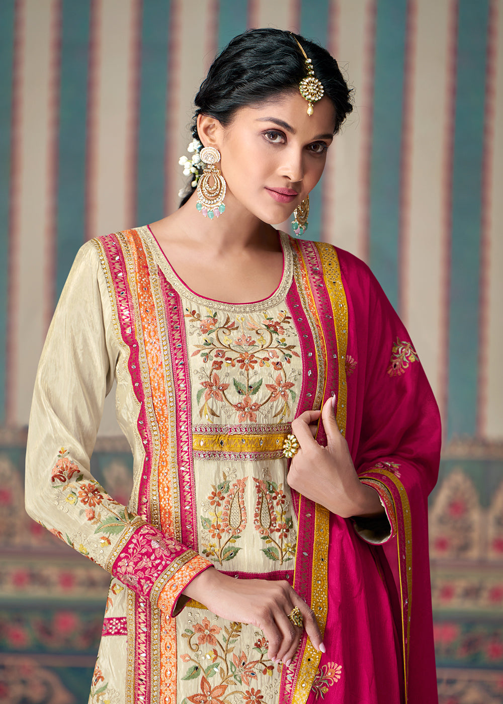 Buy Now Beige & Pink All Over Lace Embroidered Palazzo Suit Online in USA, UK, Canada, Germany & Worldwide at Empress Clothing.