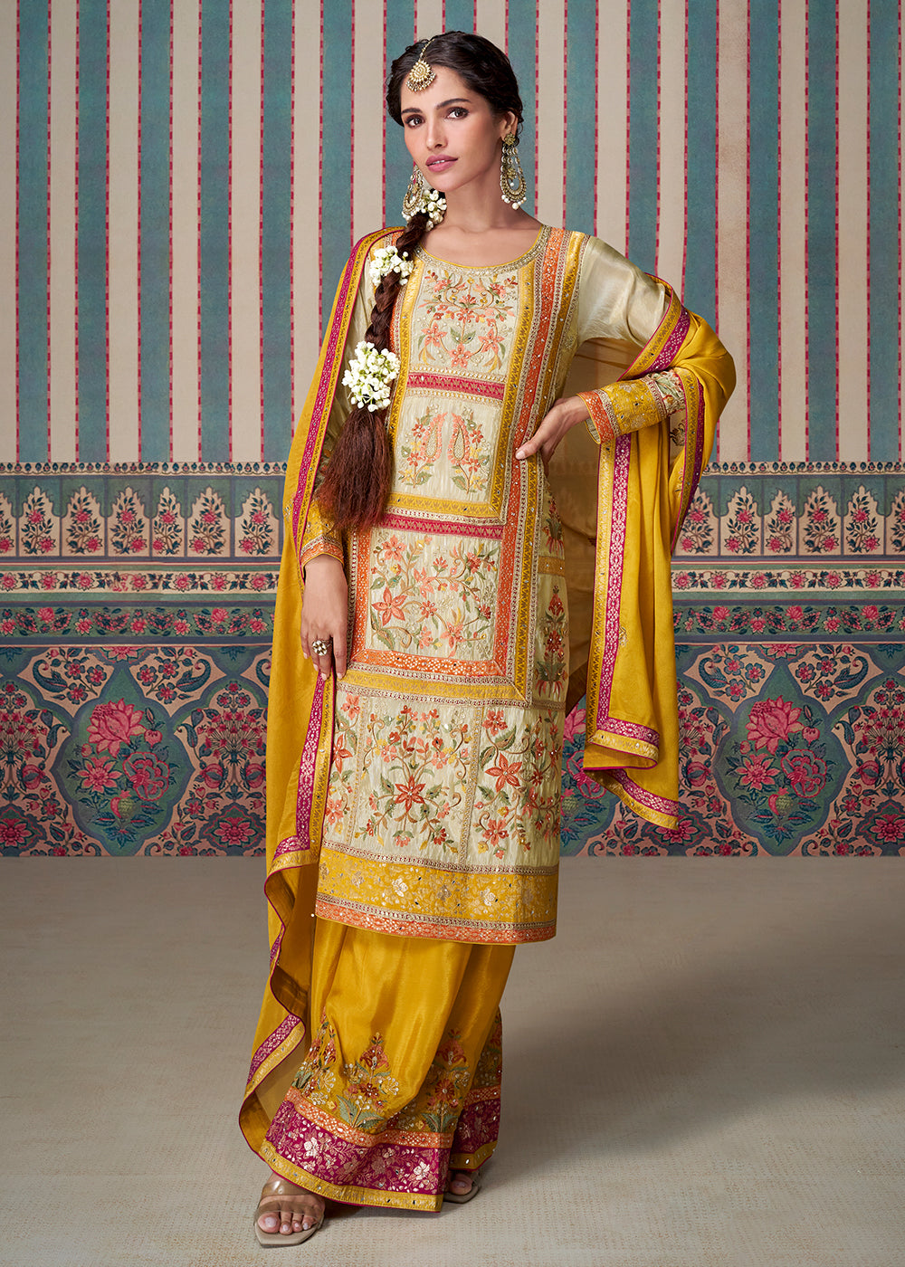 Buy Now Beige & Yellow All Over Lace Embroidered Palazzo Suit Online in USA, UK, Canada, Germany & Worldwide at Empress Clothing. 