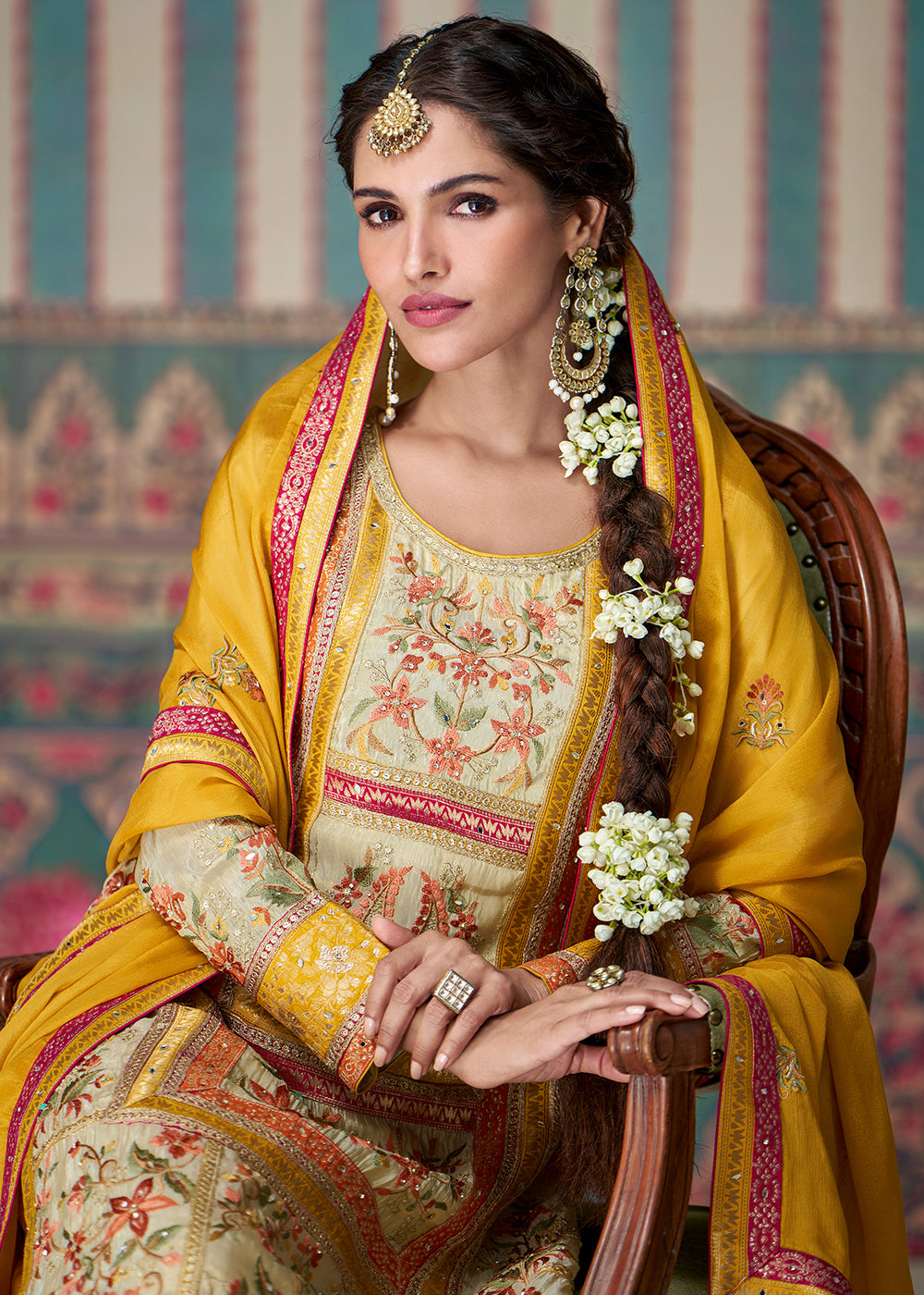 Buy Now Beige & Yellow All Over Lace Embroidered Palazzo Suit Online in USA, UK, Canada, Germany & Worldwide at Empress Clothing. 