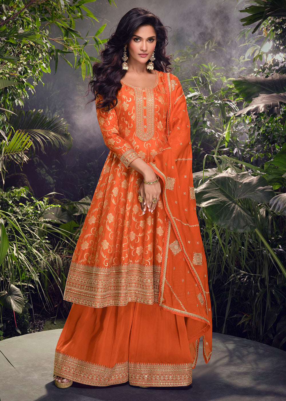 Buy Now Orange Viscose Jacquard Silk Wedding Festive Palazzo Suit Online in USA, UK, Canada, Germany, Italy & Worldwide at Empress Clothing.