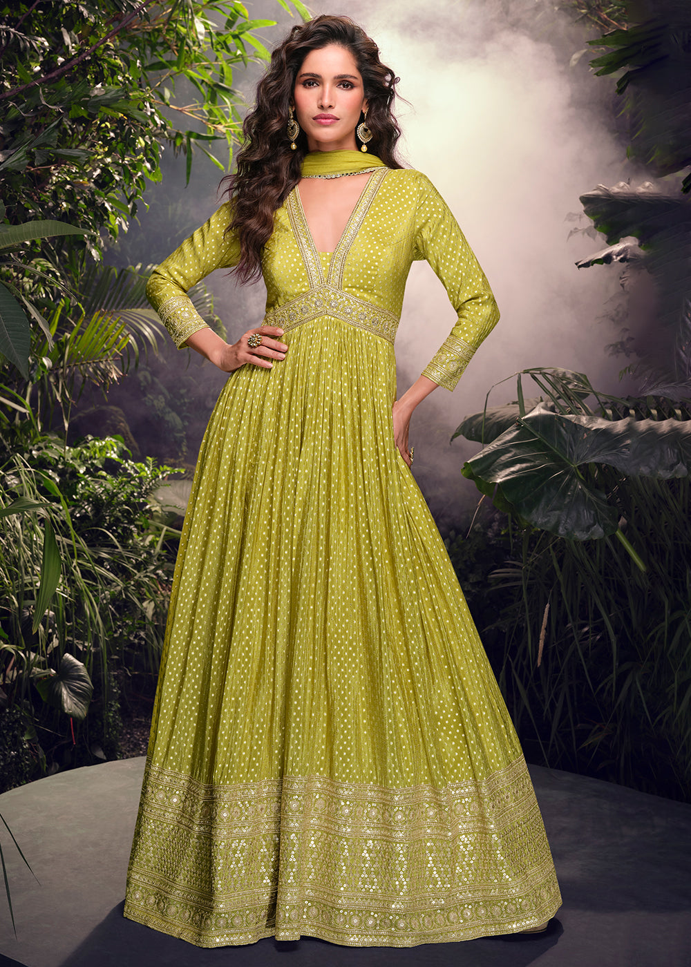 Buy Now Green Pure Viscose Jaquard Embroidered Silk Anarkali Gown Online in USA, UK, Germany, Canada, UAE & Worldwide at Empress Clothing.