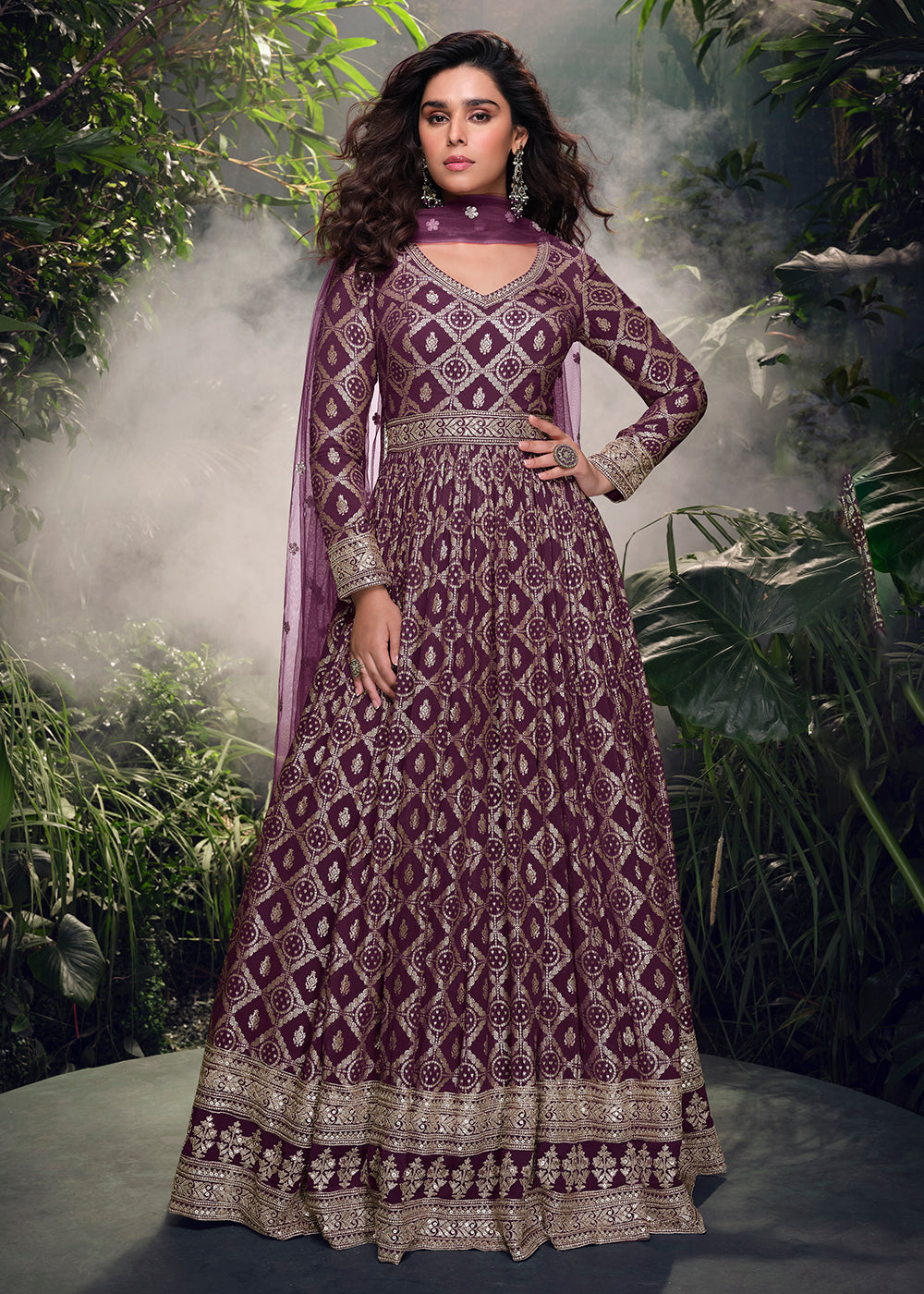 Buy Now Purple Pure Viscose Jaquard Embroidered Silk Anarkali Gown Online in USA, UK, Germany, Canada, UAE & Worldwide at Empress Clothing.