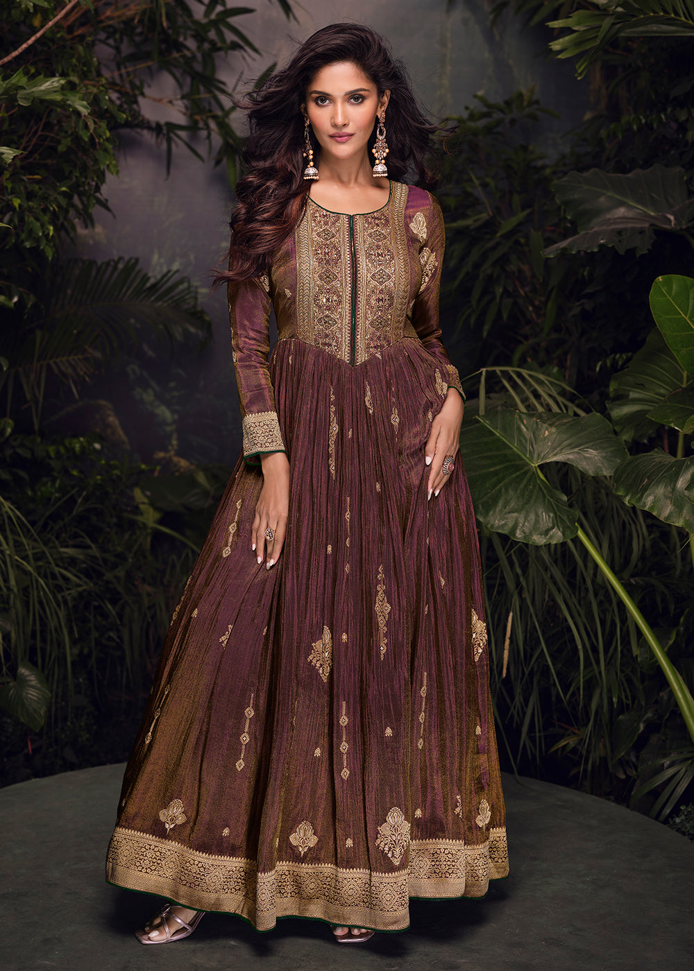 Buy Now Brown Pure Viscose Jaquard Embroidered Silk Anarkali Gown Online in USA, UK, Germany, Canada, UAE & Worldwide at Empress Clothing. 